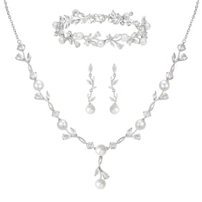 Conjunto de joias SWEETV Cubic Zirconia Pearl Floral Bride Wedding