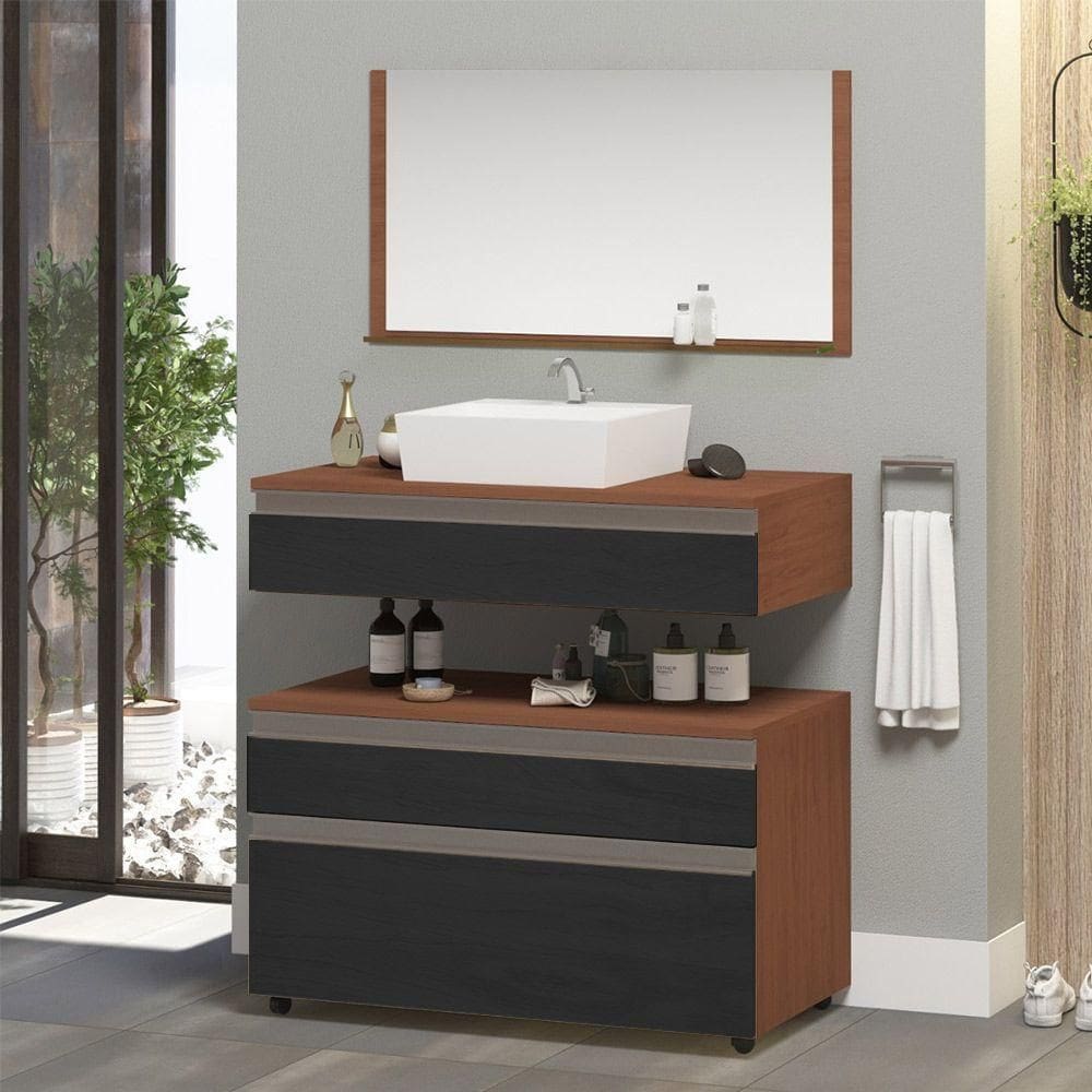 Gabinete Banheiro Superior E Inferior Com Rodízios 3 Gavetas 60cm Safira - Cinza Titanium - Cinza