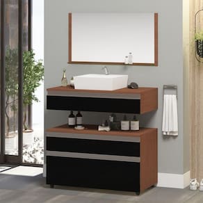 Gabinete Banheiro Superior E Inferior Com Rodízios 3 Gavetas 80cm Safira - Preto - Preto