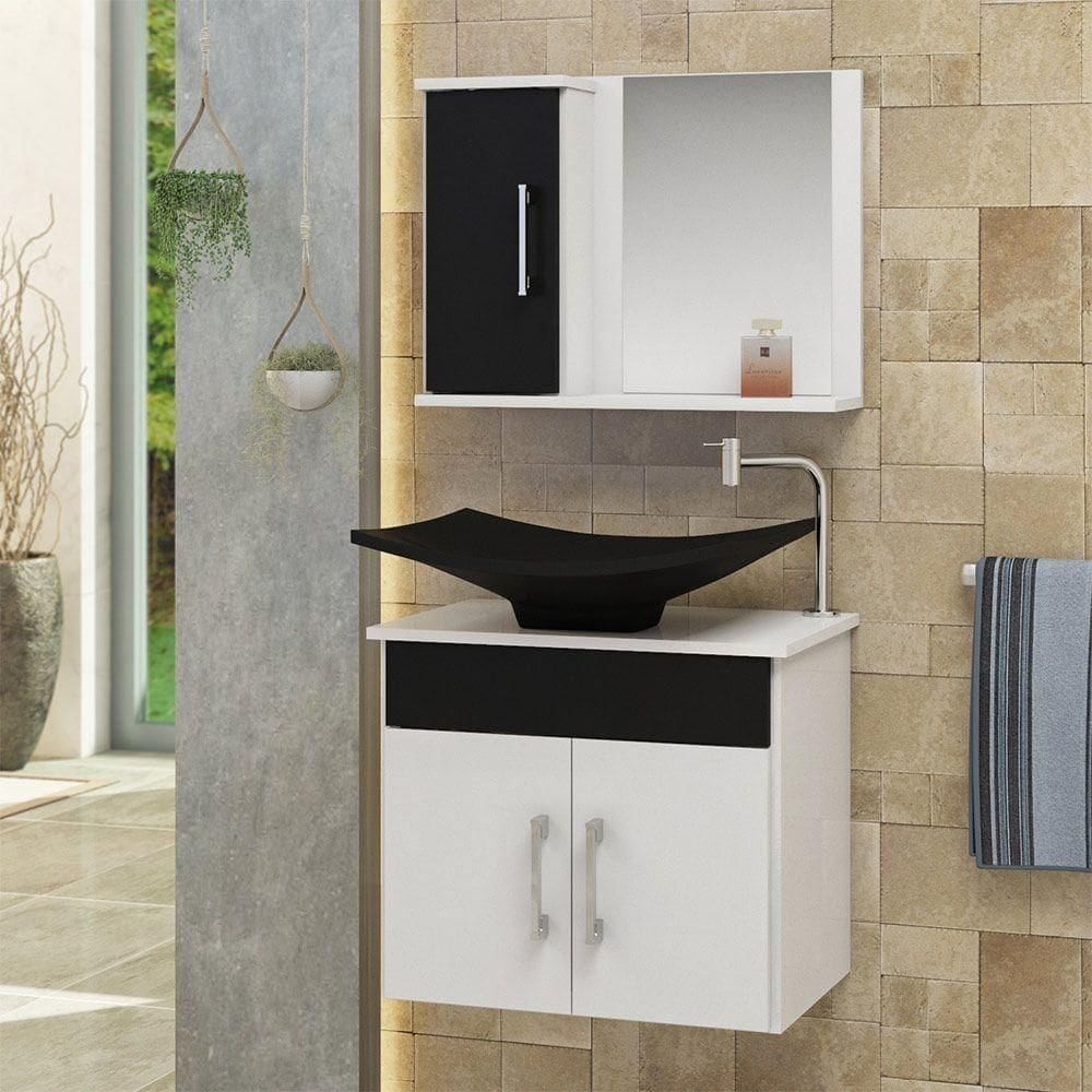 Conjunto Gabinete Banheiro 3 Portas Bali - Preto - Com Cuba Preta - Preto