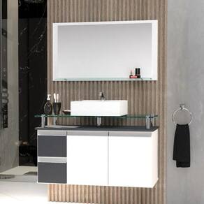 Conjunto Gabinete Banheiro 2 Gavetas 2 Portas 80cm Com Espelheira Diamante - Cinza Titanium - Cinza