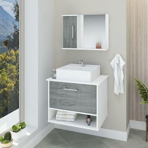 Conjunto Gabinete Banheiro Superior E Inferior 2 Portas 1 Nicho Malibu - Cinza Rovere - Cinza