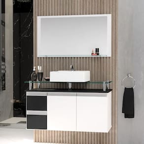 Conjunto Gabinete Banheiro 2 Gavetas 2 Portas 80cm Com Espelheira Diamante - Preto - Preto