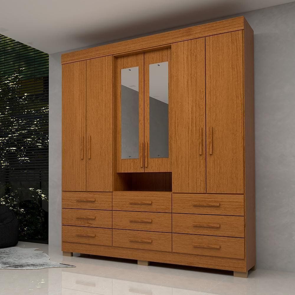 Guarda Roupa Casal Bolívia Com Espelho 6 Portas 9 Gavetas 100% Mdf Linhamobília Cinamomo