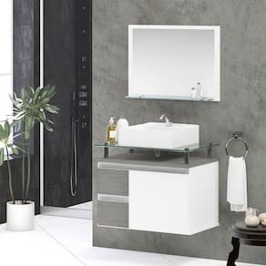 Conjunto Gabinete Banheiro 2 Gavetas 1 Porta 60cm Com Espelheira Diamante - Cinza Rovere - Cinza
