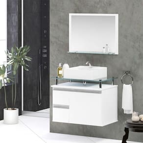 Conjunto Gabinete Banheiro 2 Gavetas 1 Porta 60cm Com Espelheira Diamante - Branco - Branco