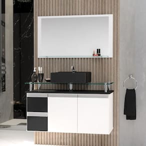 Conjunto Gabinete Banheiro 2 Gavetas 2 Portas 80cm Com Espelheira Diamante - Preto - Com Cuba Preta - Preto