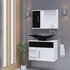 Conjunto Gabinete Inferior E Superior Banheiro 2 Gavetas 1 Porta Turin - Preto - Com Cuba Preta - Preto