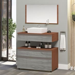 Gabinete Banheiro Superior E Inferior Com Rodízios 3 Gavetas 80cm Safira - Cinza Rovere - Cinza