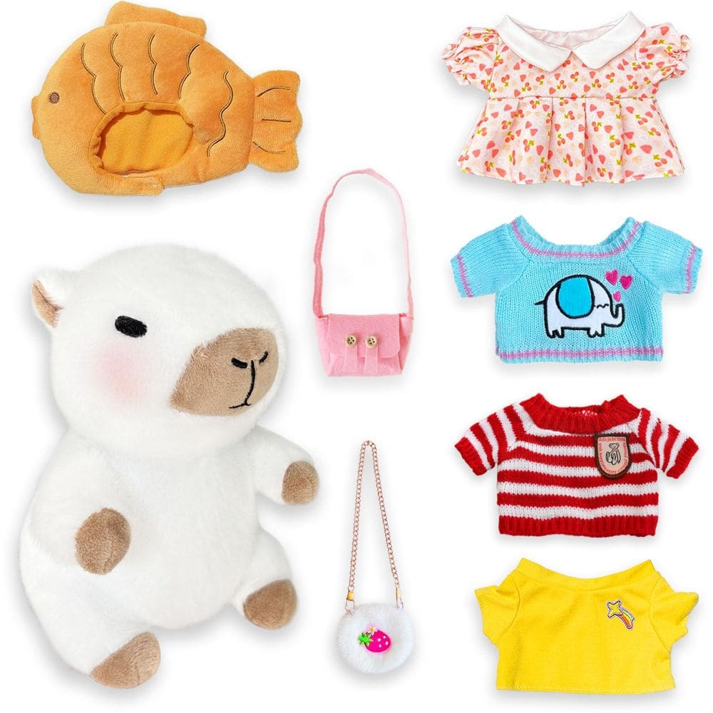 Brinquedo de pelúcia MOMIU Capybara com 7 roupas e acessórios (branco)