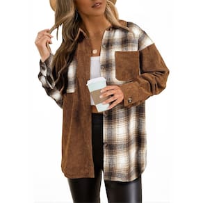 Shacket Astylish Color Block de veludo cotelê de manga comprida marrom para mulheres