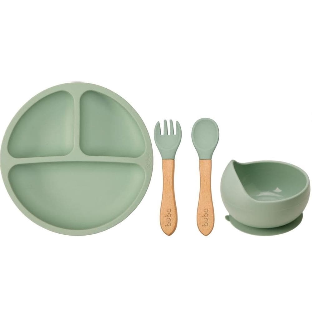 Kit Refeicao Prato + Bowl + Talheres Em Silicone Verde - Buba