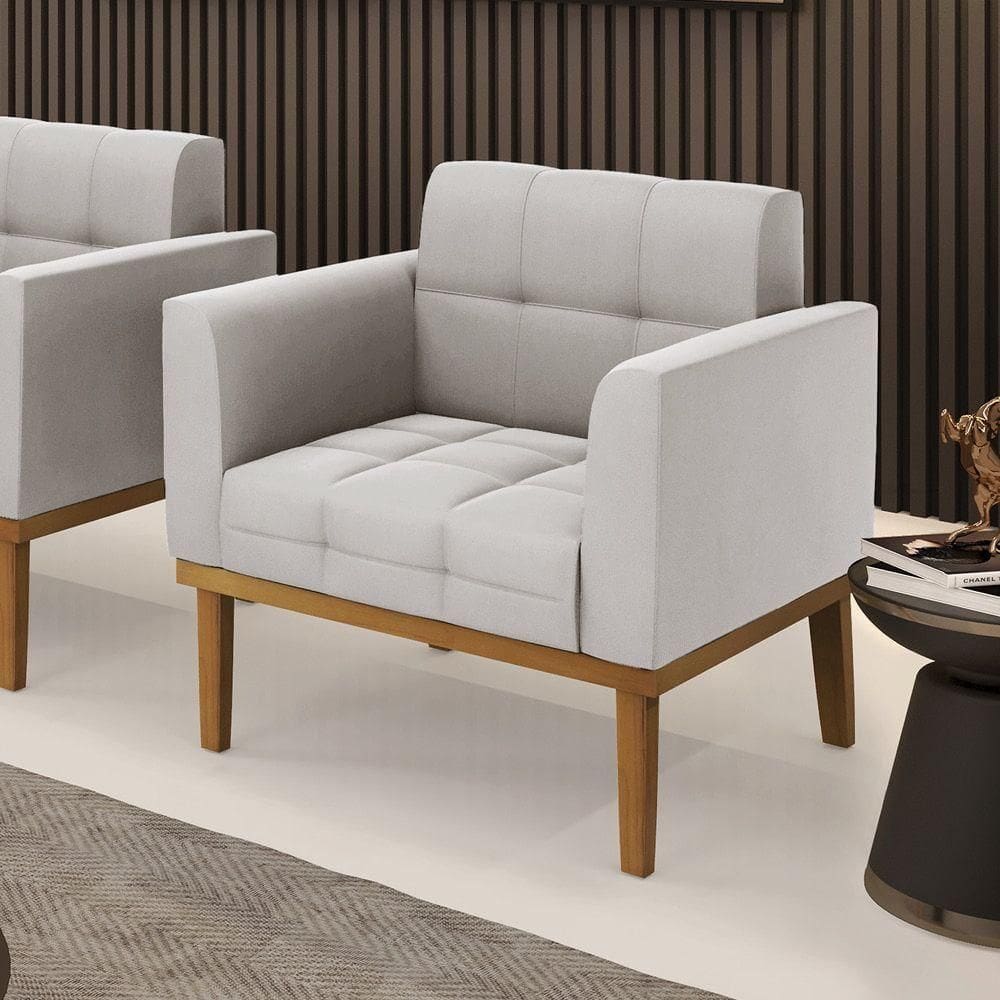 Poltrona Decorativa Pés Fixo Em Madeira Castanho Veludo Cinza