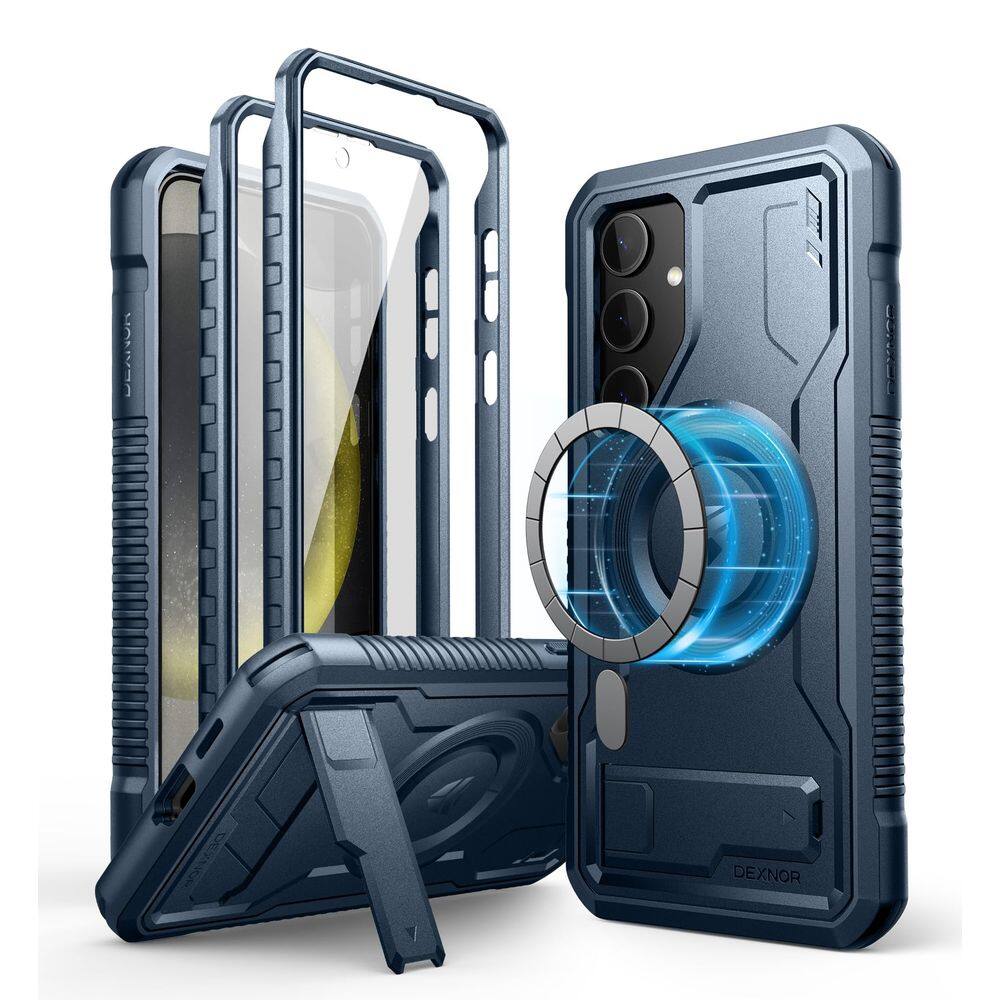 Capa de telefone Dexnor Magnetic com suporte para Samsung Galaxy S24 Plus com 2 molduras frontais e protetor de tela embutido, azul marinho