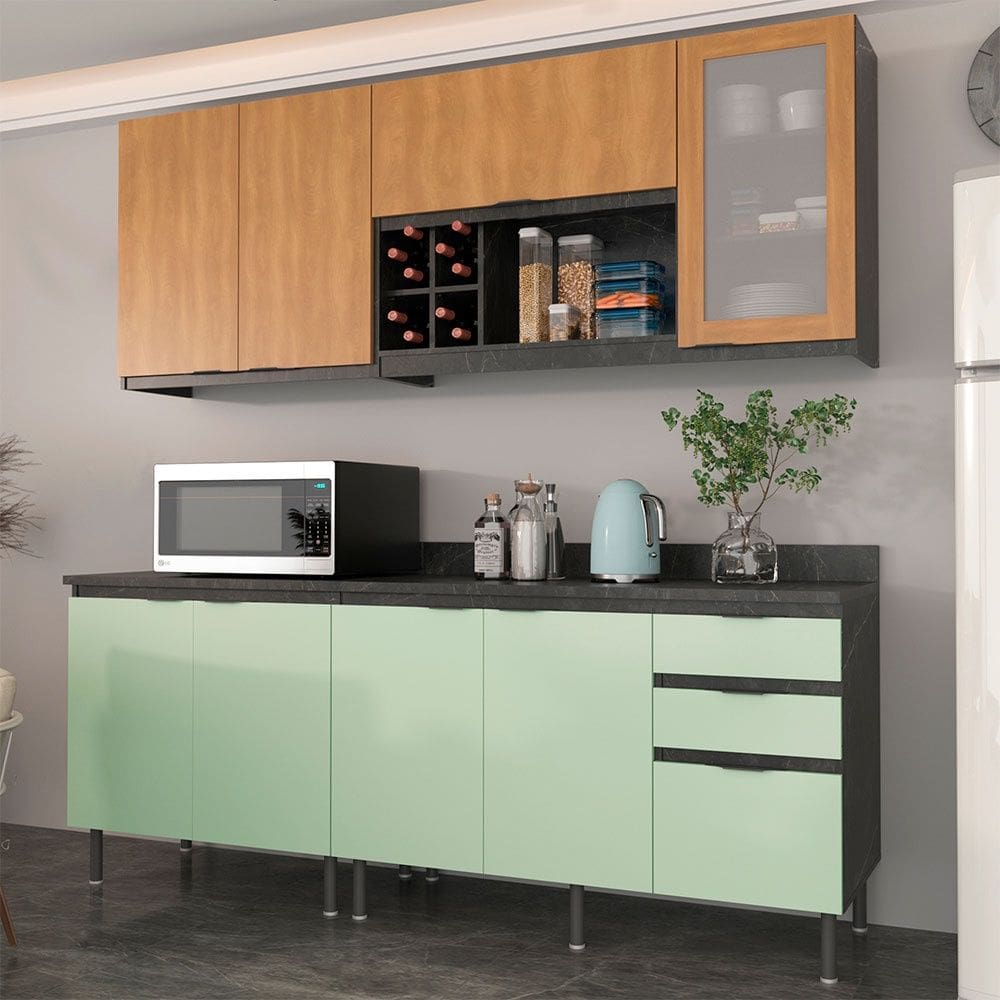 Cozinha Compacta Azaleia CZ1200 200cm 04 Peças 08 Portas e 03 Gavetas com Divisor de Talheres Mármore Lunar Verde Mar Freijó Tecnomobili