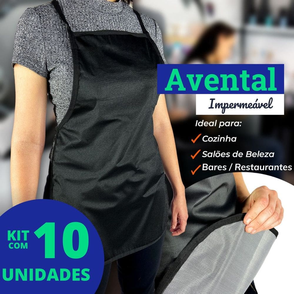 Kit 10 Unidades Avental de Cozinha e Lavanderia Impermeável Preto Liso Uniforme