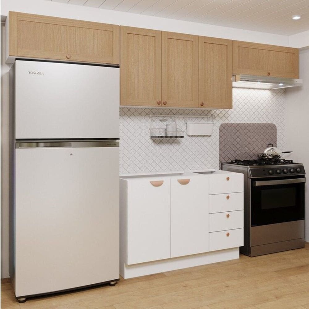 Cozinha Modulada 4 Peças 3 Aéreos 1 Balcão Arizona Cabecasa Madeiramadeira Branco/Figueira