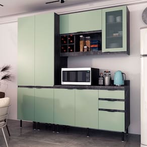 Cozinha Compacta Margarida CZ1201 200cm 04 Peças 08 Portas 03 Gavetas e Divisor de Talheres Mármore Lunar Verde Mar Tecnomobili