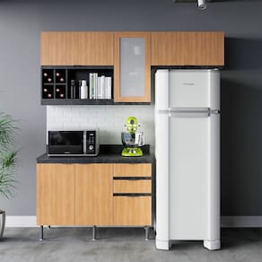 Cozinha Compacta Orquídea CZ1202 180cm 03 Peças 05 Portas 03 Gavetas com Divisor de Talheres Mármore Lunar Freijó Tecnomobili