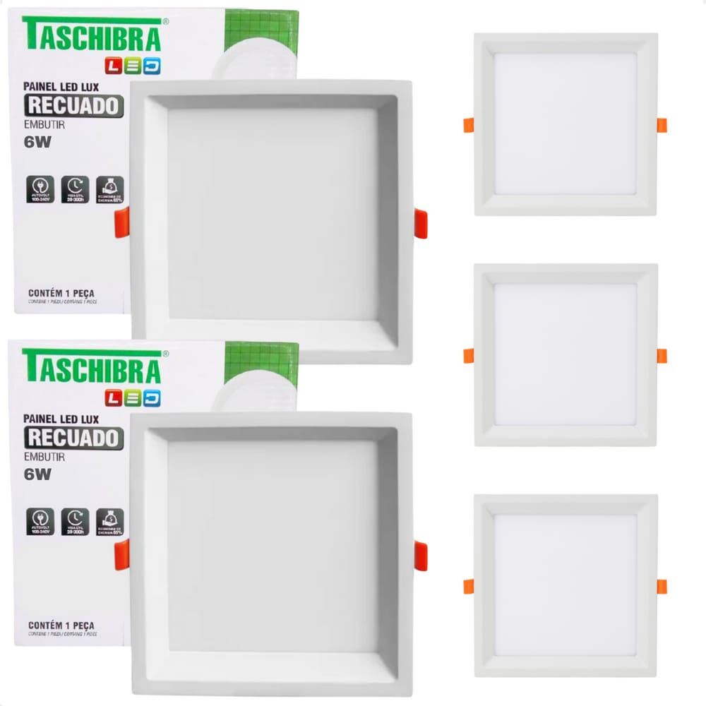 Kit 5 Painel de Led Quadrado Embutir Recuado 6W Bivolt Taschibra 3000K Quente