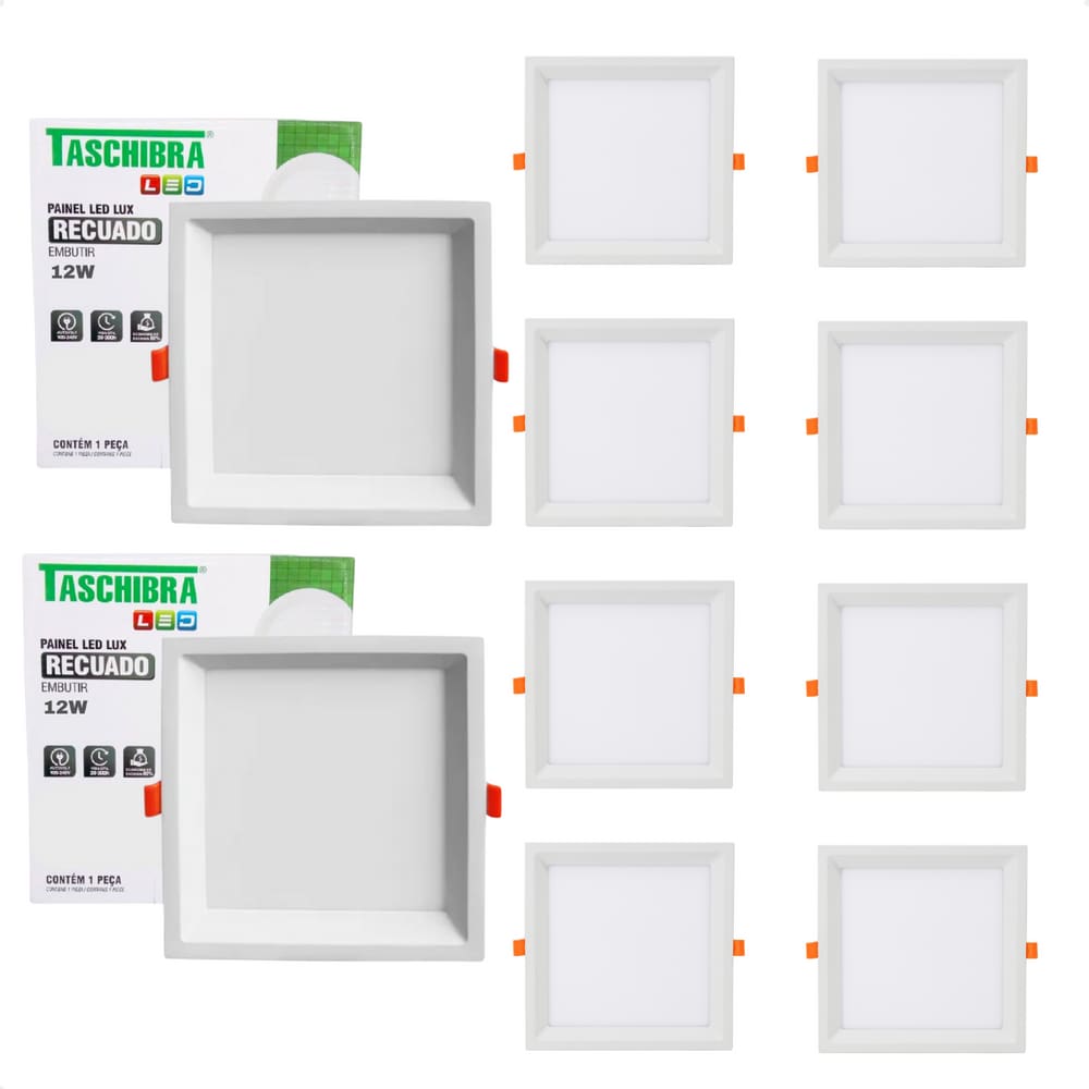Kit 10 Painel de Led Quadrado Embutir Recuado 12W Bivolt Taschibra 6500K Frio