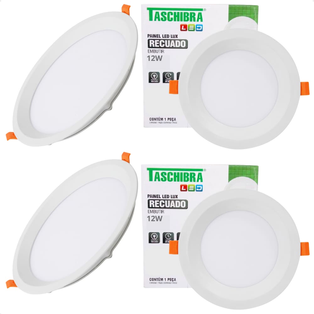 Kit 4 Painel de Led Redondo Embutir Recuado 12W Bivolt Taschibra 4000K Neutro