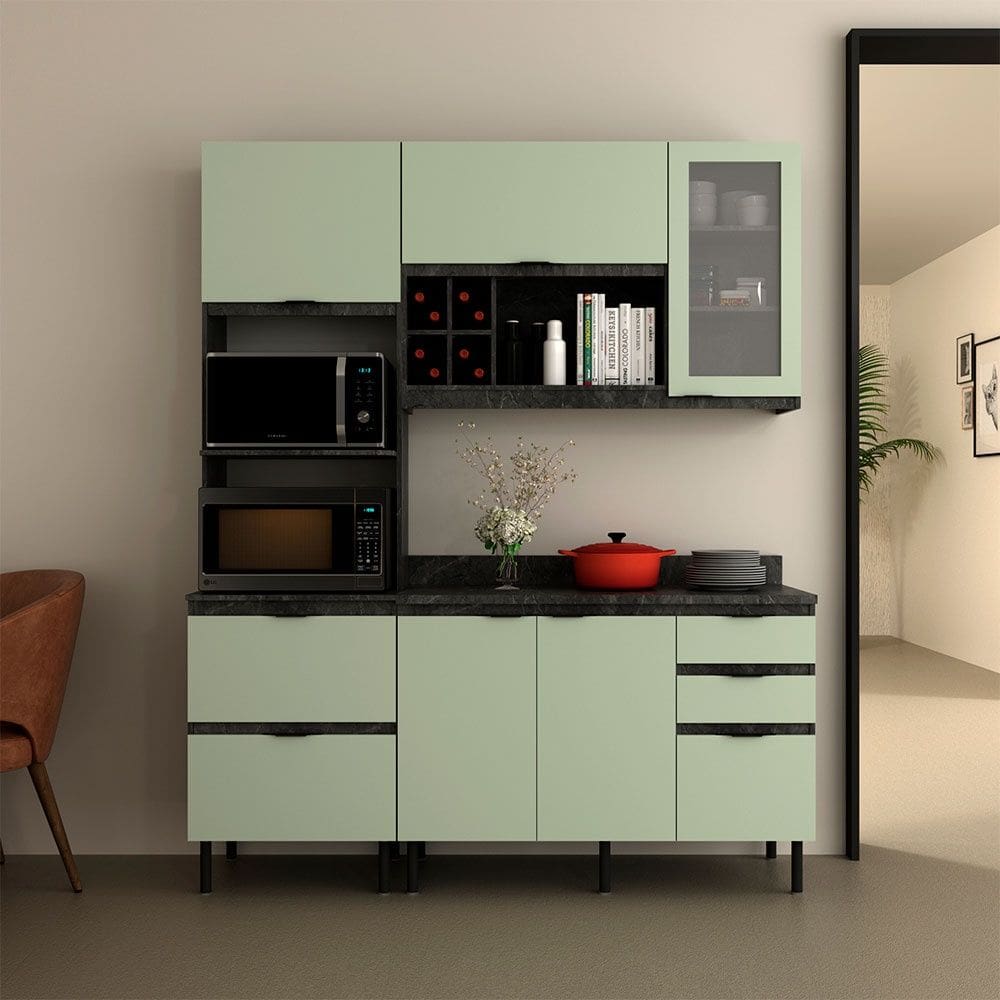 Cozinha Compacta Begônia CZ1203 180cm 03 Peças 06 Portas 04 Gavetas com Divisor de Talheres Mármore Lunar Verde Mar Tecnomobili