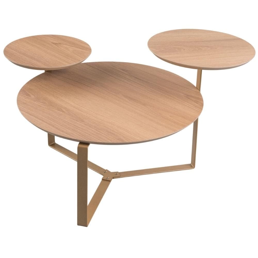 Mesa de Centro Industrial Chanfrada Artesano 83 cm (Larg) 3 Tampos MDP Hanover e Pé em Aço Dourado