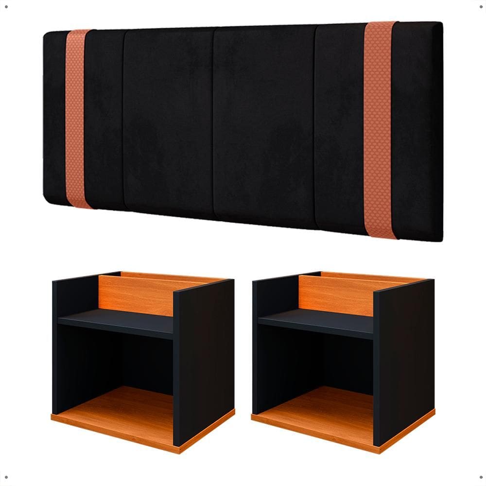 Jogo Quarto Casal 2 Mesas Cabeceira Suspensa Madri Divisória Superior Preto/Cinamomo Painel Estofado Parise Cama Box 1,40 Suede - Lojas RPM