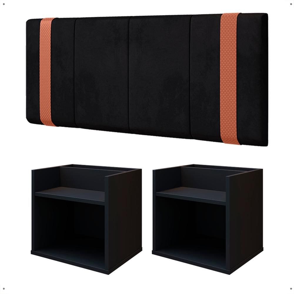 Jogo Quarto Casal 2 Mesas Cabeceira Suspensa Madri Divisória Superior Preto Painel Estofado Parise Cama Box 1,40 Suede - Lojas RPM