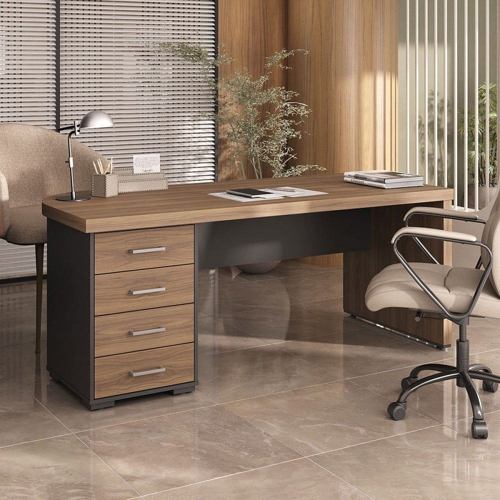 Mesa para Escritório Tamburato 4 Gavetas Nogal/Preto 6127 - Artany Móveis