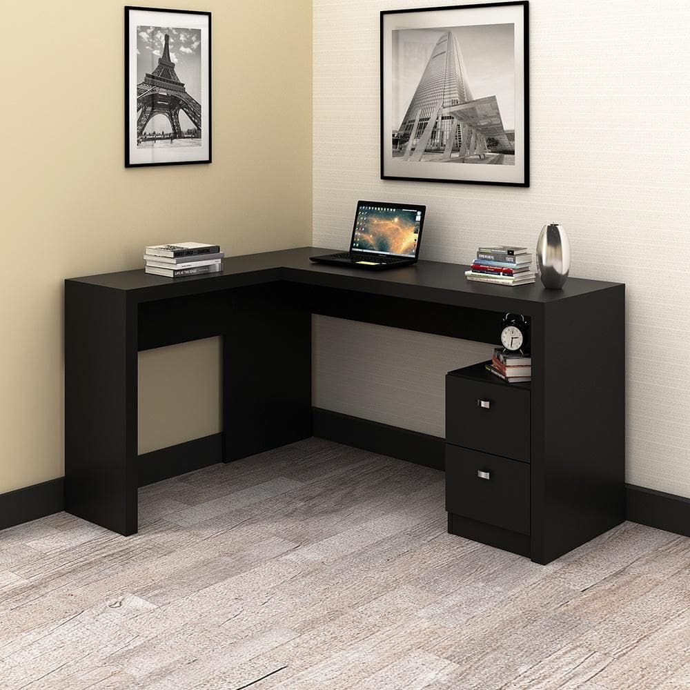 Mesa para Escritório em L com 02 Gavetas ME4129 Preto Tecnomobili