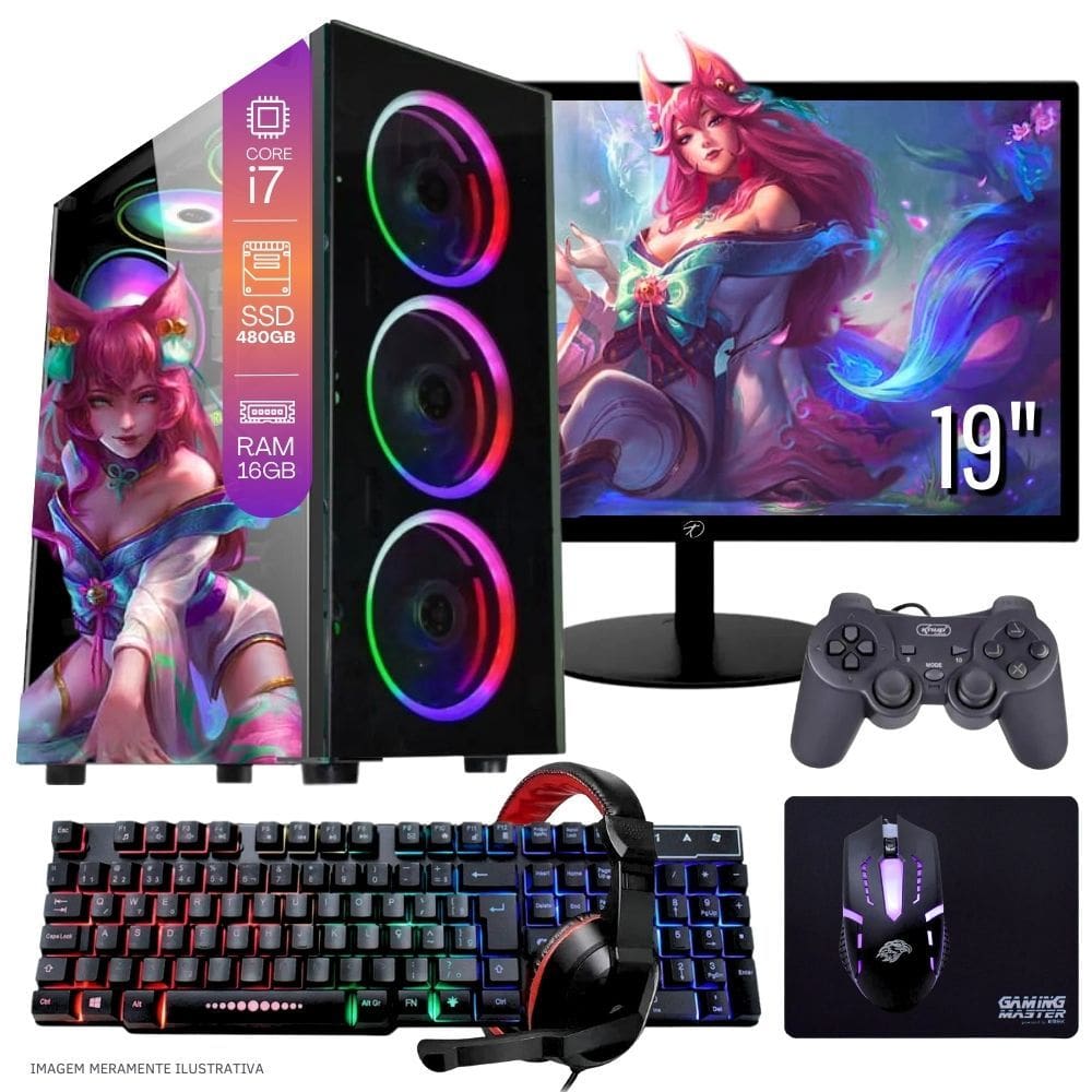 Computador PC Gamer Completo TOB Intel Core i7 SSD 480GB 16GB Teclado Mouse Mouse Pad e Headset Gamer Joystick Monitor 19" Windows 10 Pro Trial