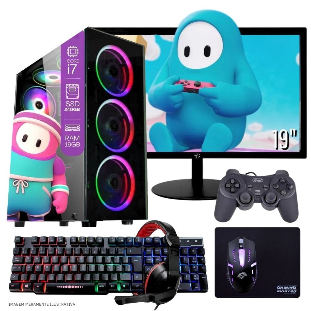Computador PC Gamer Completo TOB Intel Core i7 SSD 240GB 16GB Teclado Mouse Joystick Mouse Pad e Headset Gamer Monitor 19" Windows 10 Pro Trial