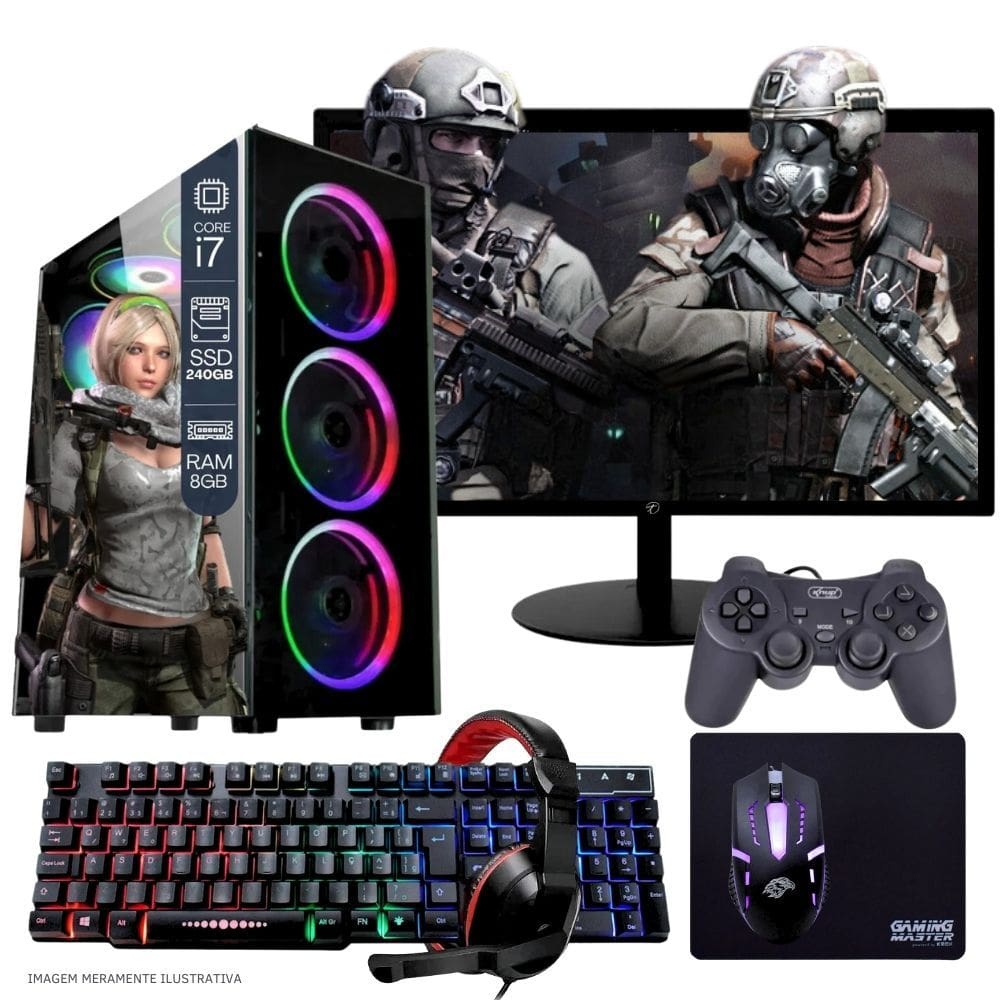 Computador PC Gamer Completo TOB Intel Core i7 SSD 240GB 8GB Teclado Mouse Mouse Pad e Headset Gamer Joystick Monitor 19" Windows 10 Pro Trial