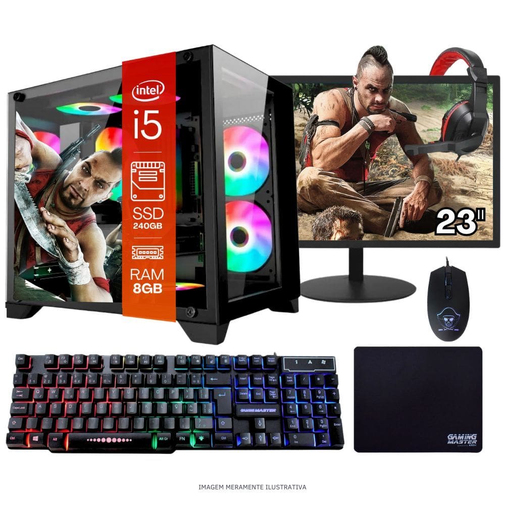 Computador PC Gamer Completo TOB Intel Core i5 SSD 240GB 8GB Gabinete Aquário Teclado Mouse Mouse Pad e Headset Gamer Monitor 23" Windows 10 Pro
