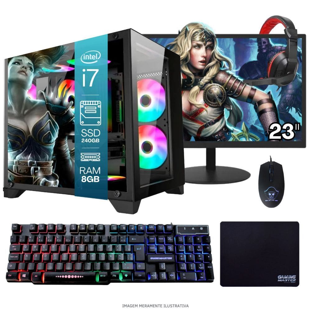 Computador PC Gamer Completo TOB Intel Core i7 SSD 240GB 8GB Gabinete Aquário Teclado Mouse Mouse Pad e Headset Gamer Monitor 23" Windows 10 Pro