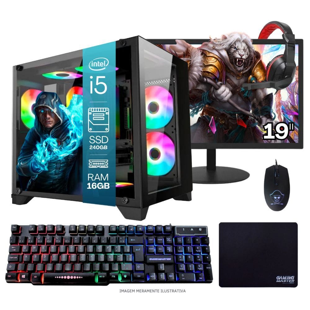 Computador PC Gamer Completo TOB Intel Core i7 SSD 240GB 8GB Gabinete Aquário Teclado Mouse Mouse Pad e Headset Gamer Monitor 19" Windows 10 Pro