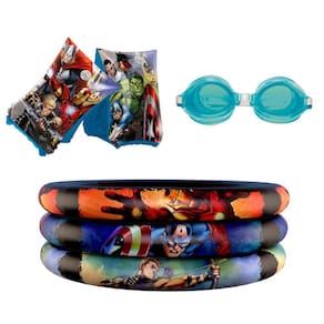 Kit Piscina Infantil Vingadores 100L Inflável Vinil Praia + Bóia de Braço + Óculos Natação Mor