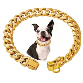 Coleira para cães RAIWAV em aço inoxidável dourada 18K Cuban Link 15mm