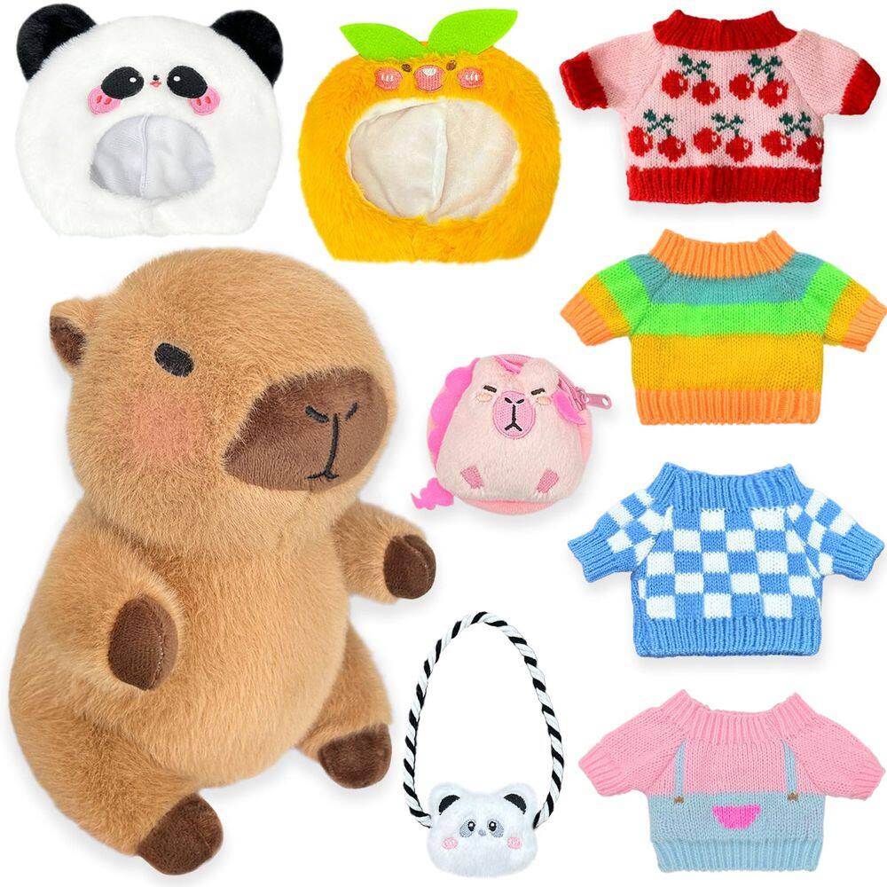 Brinquedo de pelúcia Kireidane Capybara com 9 roupas e acessórios de 26 cm