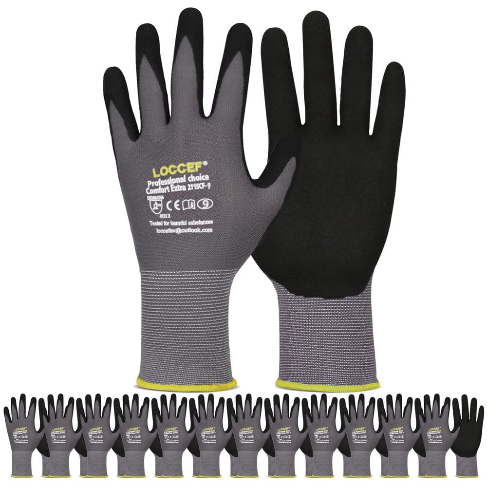 Luvas de trabalho LOCCEF, microespuma, revestidas com nitrilo, 12 pares, cinza