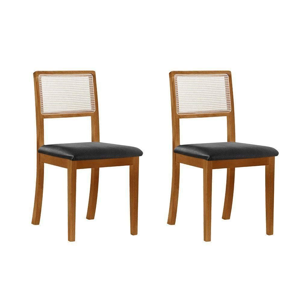 Kit 2 Cadeiras De Jantar Luxo Madeira Maciça Mel Encosto Telinha Palha Estofada Couro Pu Preto Rubi