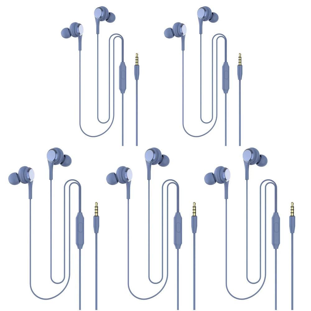 Fones de ouvido com fio e pacotes de 5 fones de ouvido com microfone (azul)