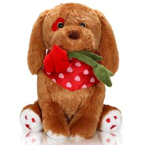 Cachorro de pelúcia do Dia dos Namorados segurando uma rosa vermelha 32cm