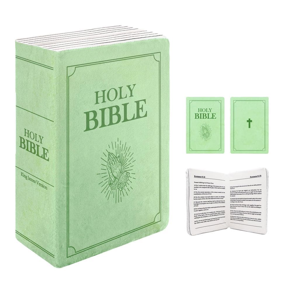 Almofada de pelúcia em forma de livro A Bíblia Sagrada com versículo bíblico verde