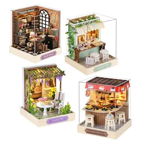 Kit de casa de bonecas em miniatura DIY Casa de bonecas de madeira com LED, 4 unidades