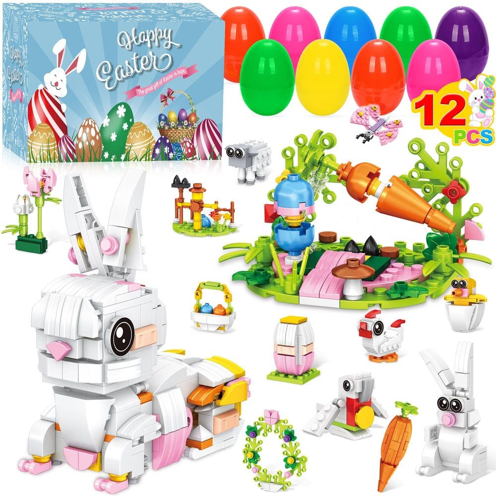 Conjunto de blocos de construção Easter Rabbit 12 em 1 com ovos coloridos