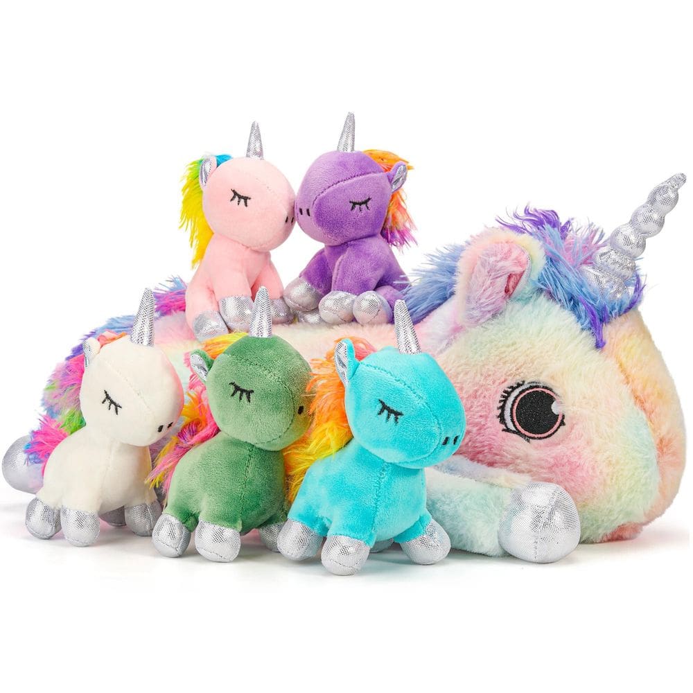 Mamãe unicórnio de bicho de pelúcia com 5 bebês para meninas de 3 anos ou mais