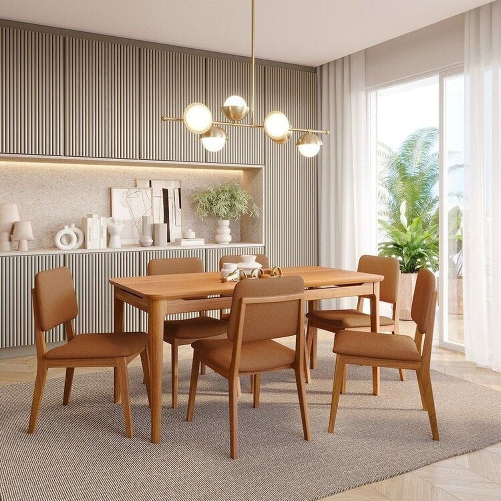 Conjunto Sala de Jantar 1 Mesa 160cm 6 Cadeiras Miriti Cabecasa madeiramadeira Caramelo